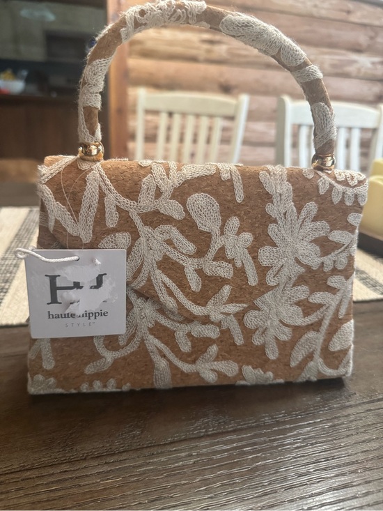Haute Hippie Handbags - Haute Hippie Tan and Cream Embroidered Top-Handle Mini Bag